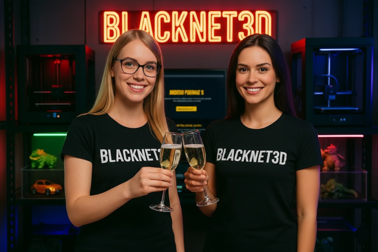 Modelos de BlackNet3D mostrando figuras impresas en 3D, con impresoras de fondo